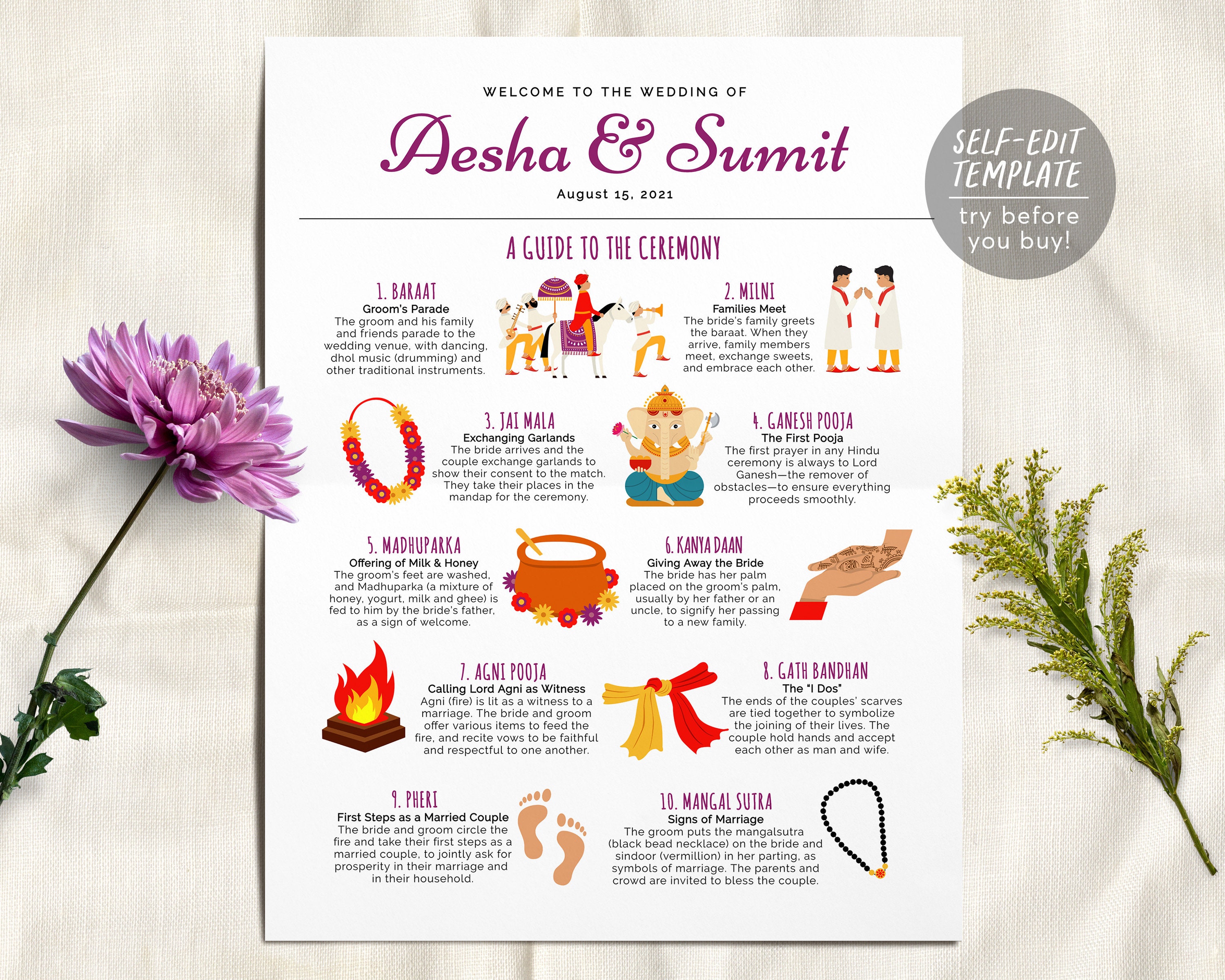 Indian Ceremony Program Template Editable Hindu Wedding