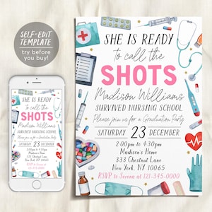 Nurse Graduation Invitation Editable Template, Nurse Graduation Announcement Party Invite, Nursing School Grad Ready to Call the Shots Evite
