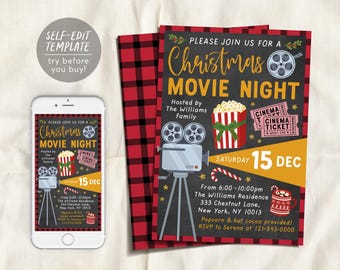 May include: A Christmas movie night invitation template featuring a red and black buffalo plaid border, a film projector, popcorn, and cinema tickets. The text reads: Please join us for a Christmas movie night, Saturday 15 Dec.