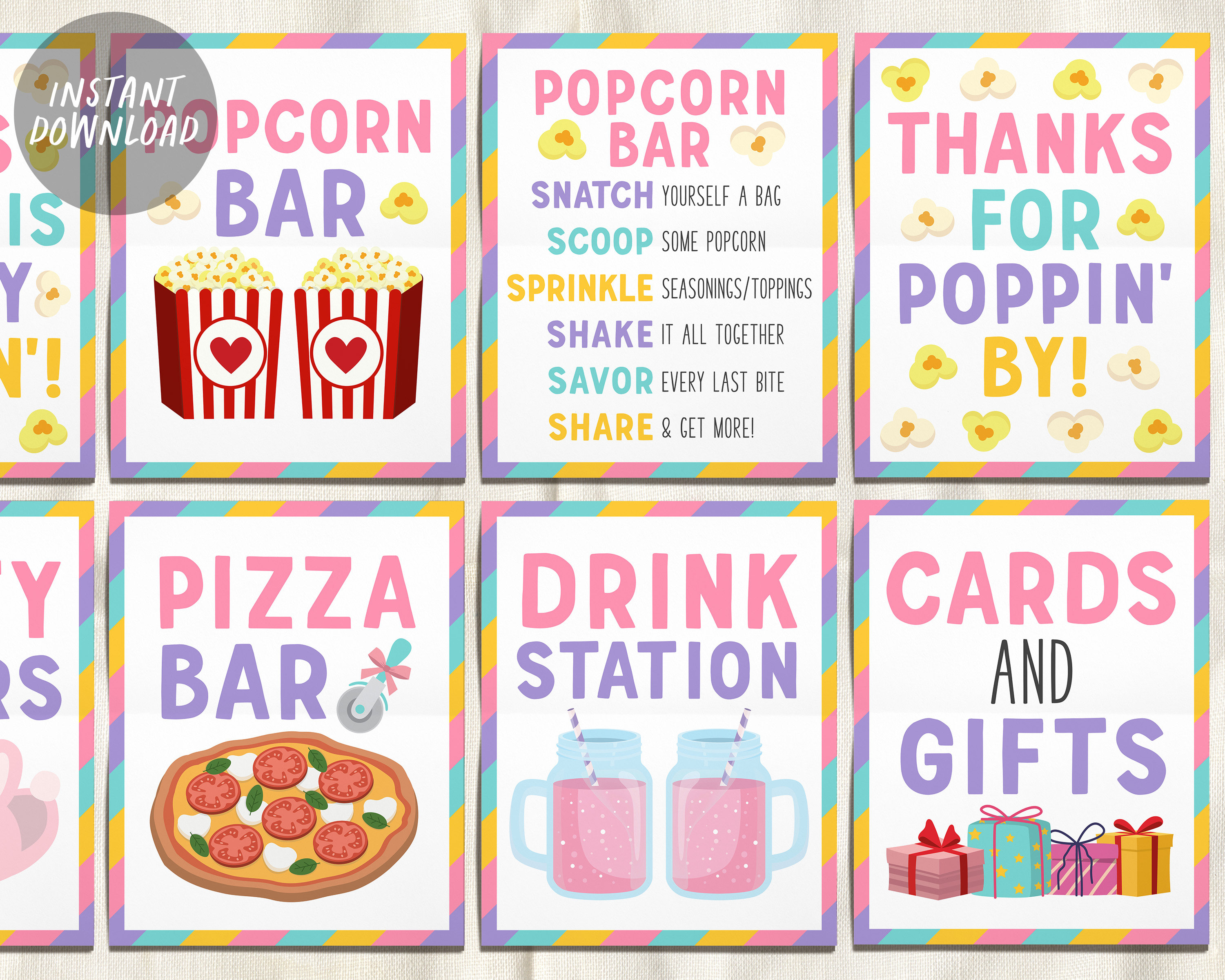 Pyjamas Signs Pizza Popcorn and Pajamas Party Signs BUNDLE for Birthday, Popcorn Bar ...