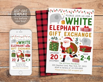 May include: A White Elephant gift exchange invitation template featuring a cartoon Santa Claus, two grey elephants, and colourful wrapped presents. The text reads: Please join us for a White Elephant gift exchange, Saturday 20 December, from 2-4 PM.