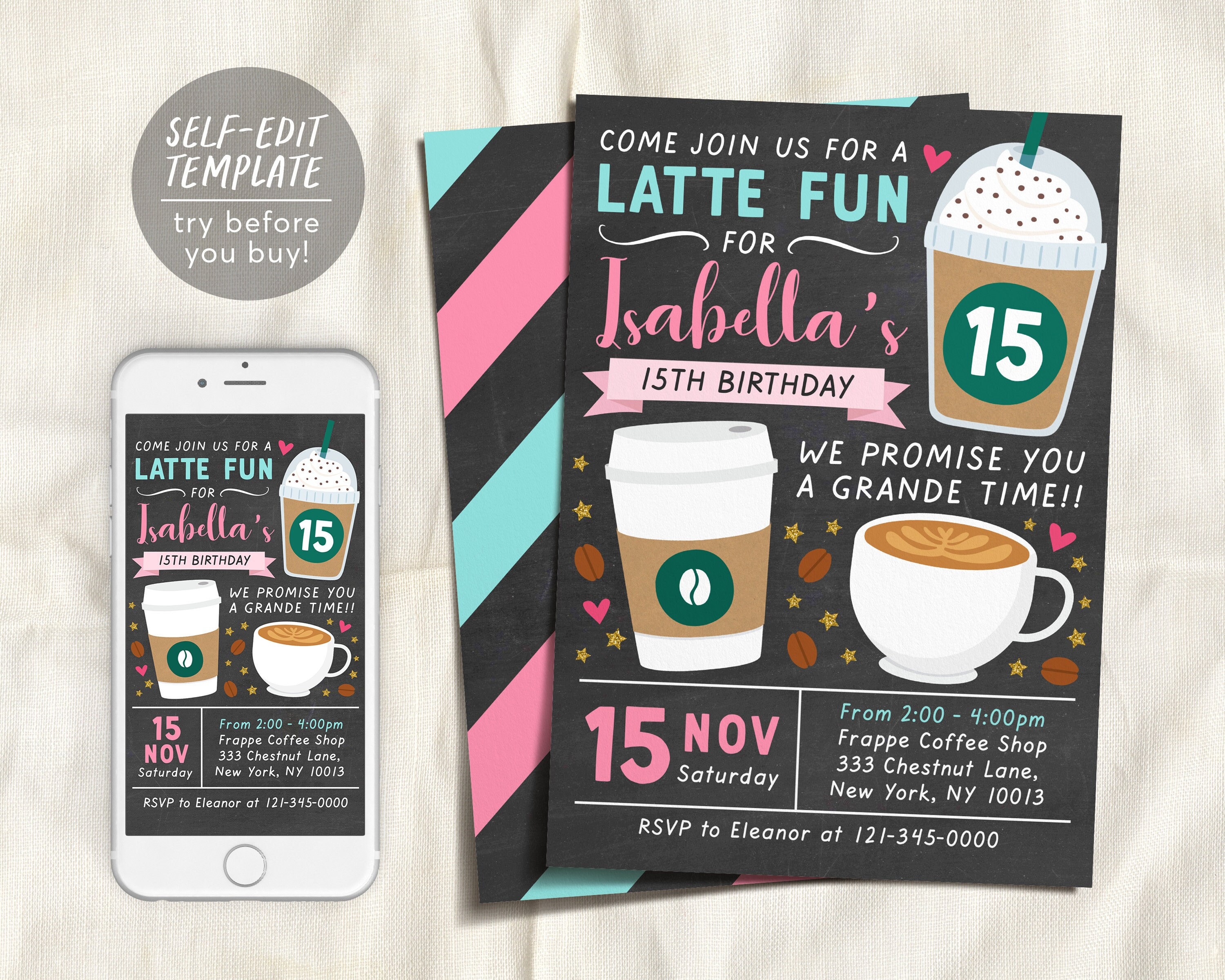 Coffee Rave Invite Coffee Birthday Invitation Editable Template, GIRL Latte Fun Invite ...