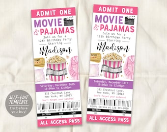 Modelo editável de convite de aniversário com ingresso para filme e pijama, festa do pijama para meninas e crianças, canhoto de ingresso para cinema, convite para festa de cinema