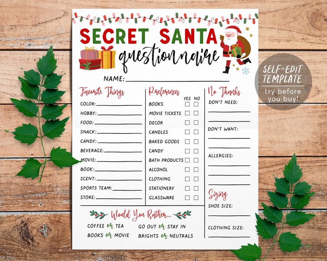 Secret Santa Questionnaire Editable Template Holiday Christmas Gift 