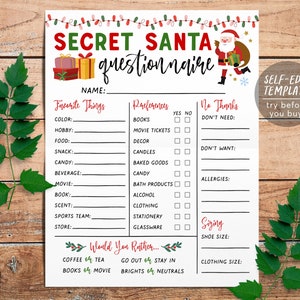 Secret Santa Questionnaire Editable Template, Holiday Christmas Gift Exchange Form Wish List Printable, Work Office Secret Santa Party Games