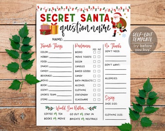 Secret Santa Questionnaire Editable Template, Holiday Christmas Gift Exchange Form Wish List Printable, Work Office Secret Santa Party Games