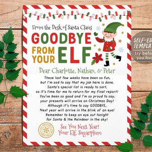 May include: A printable letter template with a red and white striped border, featuring a cartoon elf, Christmas lights, and the text: From the Desk of Santa Claus, GOODBYE FROM YOUR ELF, Dear Charlotte, Nathan, & Peter, and a gold seal.