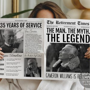 L'homme, le mythe, la légende, modèle modifiable, emballage de fleurs pour bouquet de journaux de fête de départ en retraite, cadeau d'affiche de carte d'anniversaire de travail