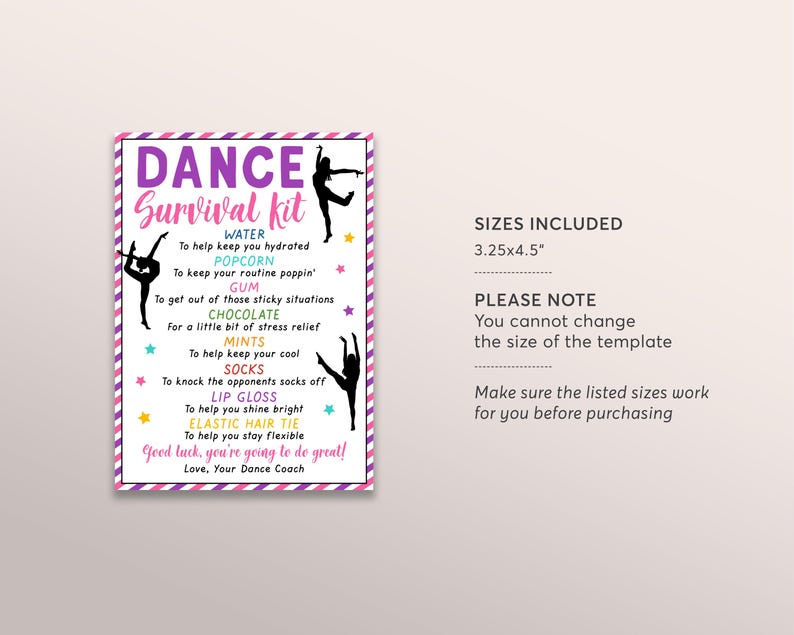 Dancer Survival Kit Gift Tags Editable Template, Dance Team Gift Idea ...