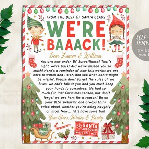 Puede incluir: Una plantilla de carta con temática navideña que incluye el texto WE'RE BAAACK! FROM THE DESK OF SANTA CLAUS. El diseño presenta ilustraciones en acuarela de dos elfos, dos árboles de Navidad, calcetines, un trineo y un sello SANTA APPROVED.