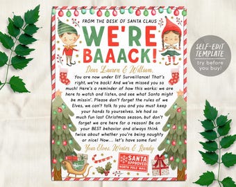 Hola Carta de los Elfos Plantilla editable, Navidad ¡Hemos vuelto! Nota de llegada de los Elfos, Carta de visita de los Elfos Tradiciones de bienvenida ¡Hemos vuelto!