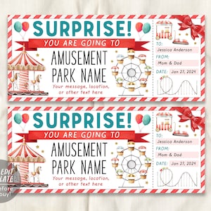Amusement Park Ticket Editable Template, Surprise Theme Park Voucher For Kids, Carnival Day Trip Personalized Gift Certificate Any Occasion