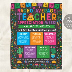 Nacho Average Teacher Appreciation Week Schedule Editable Template, Fiesta Mexican Itinerary Poster, Schedule Events, Staff Luncheon