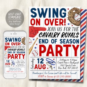 Baseball-Ende der Saison Party Einladung bearbeitbare Vorlage, Baseball-Sport-Team-Party einladen, Sommer-Hinterhof-Team-Party Kochen BBQ Evite