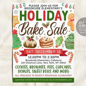 Peut inclure: Une affiche de vente de pâtisserie de Noël festive avec un schéma de couleurs rouge et vert. L'affiche présente une illustration aquarelle de biscuits, de cupcakes et d'autres produits de boulangerie. Le texte indique "Vente de pâtisserie des fêtes" et comprend la date, l'heure et le lieu de l'événement. Tous les bénéfices sont reversés à l'école primaire Brookside.