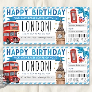 Modèle modifiable de carte d'embarquement de billet cadeau de Londres, certificat de billet d'avion de voyage surprise d'anniversaire, révélation de voyage de vacances en Angleterre