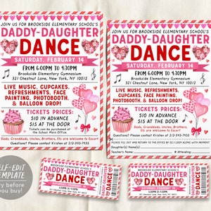 Valentinstag Daddy Daughter Dance Flyer Bearbeitbare Vorlage, Valentine School Sweetheart Dance Party Einladung einladen, School Dance Tickets
