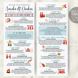 May include: A two-column wedding program for Sarika and Omkar on June 23, 2024, in Brooklyn, New York. The guide details 15 steps of a Hindu ceremony with illustrations, text descriptions, and a circular badge stating Self-Edit Template.