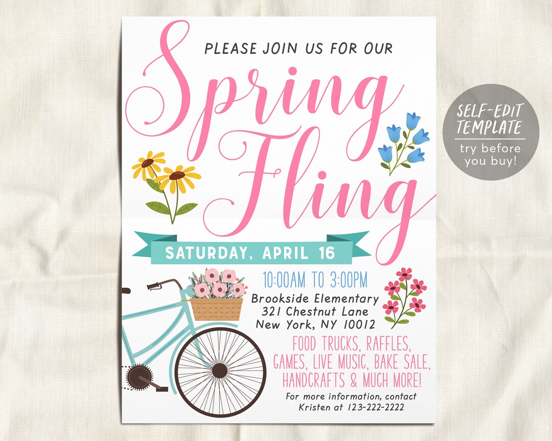 Spring Fling Flyer Editable Template, Easter Spring Festival Fundraiser