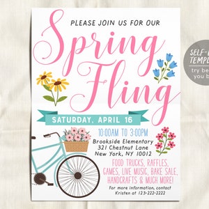 May include: A printable invitation for a Spring Fling event on Saturday, 16 April, from 10:00 am to 3:00 pm. The event will be held at Brookside Elementary, 321 Chestnut Lane, New York, NY 10012. The invitation features a bicycle with flowers in a basket and a pink and blue floral design.