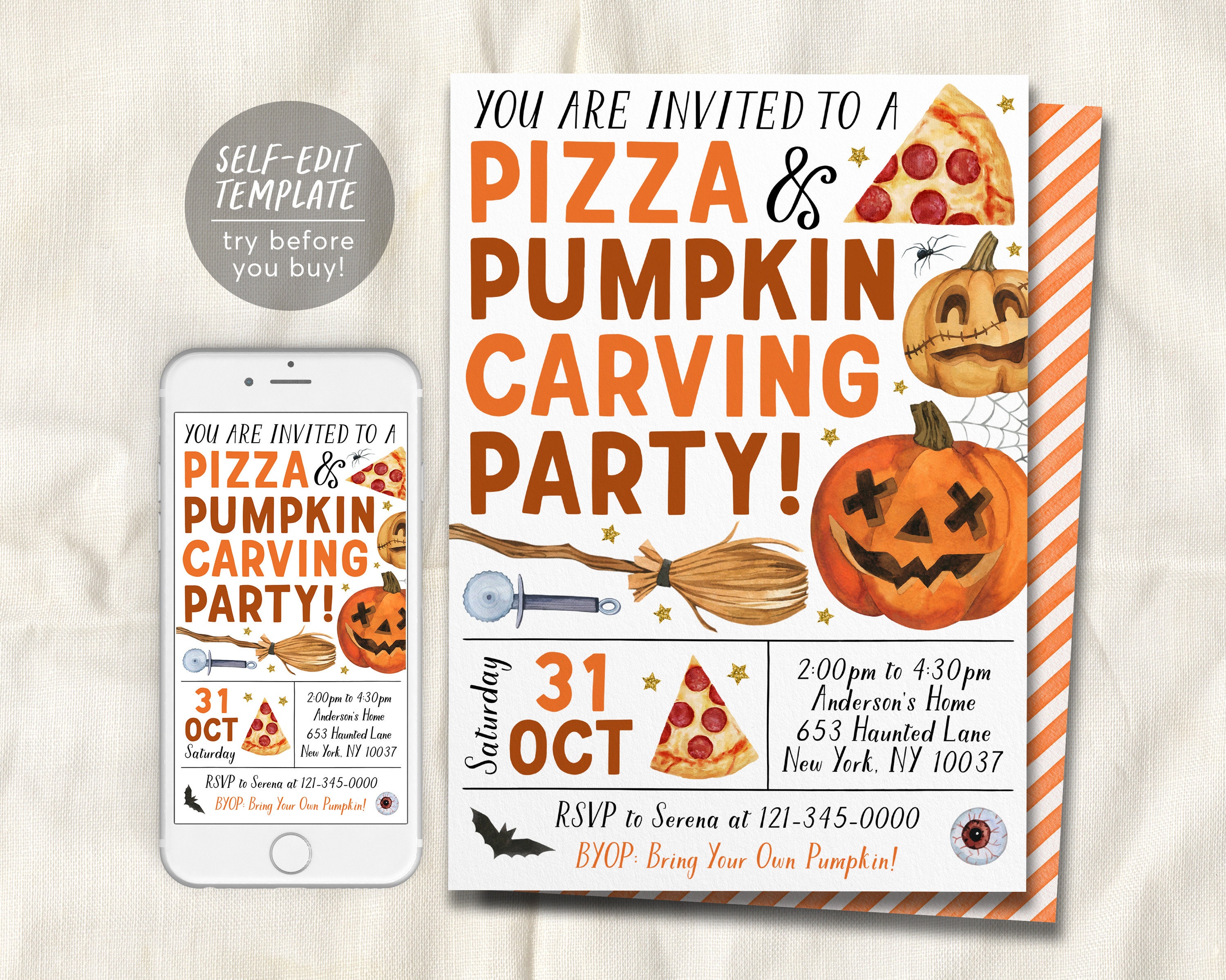 Pizza And Pumpkin Carving Party Invitation Editable Template, Kids Halloween Art Party Night Invite, Family Halloween Celebration Printable
