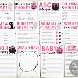 Halloween Baby Shower Games Package Bundle Editable Template, Girl A Little Boo Baby Sprinkle, Spooky Pumpkin Ghost Gender Neutral Printable
