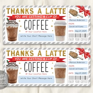 Gracias Una plantilla editable de cupón de regalo con leche, certificado de regalo de café sorpresa, tarjeta de regalo para amantes de la cafetería con vale de café, cualquier ocasión