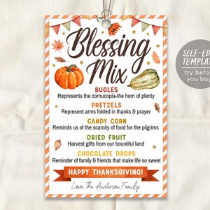 Thanksgiving Blessings Mix Gift Tags Editable Template, Fall Autumn Treat Favor Tag, Snack Mix Card, Holiday Teachers PTO PTA Appreciation