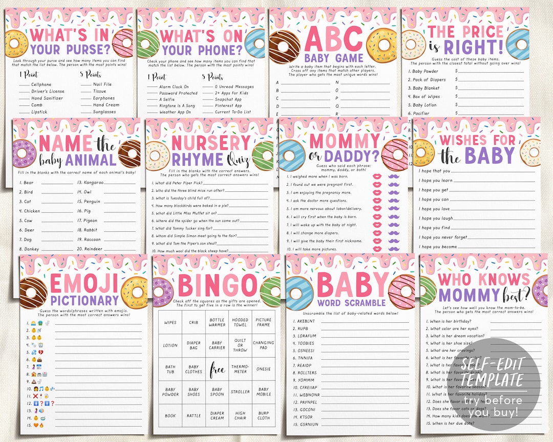 Donut Baby Shower Games Package Bundle Editable Template, Girl Pink ...