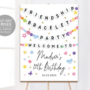 Friendship Bracelet Party Welcome Sign Editable Template, Girl Bracelet Making Birthday Poster, Kids Let&#39;s Party Jewelry Making Beads Board
