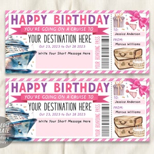 Modèle modifiable de billet de carte d’embarquement de croisière, chèque-cadeau de bateau de croisière surprise d’anniversaire pour elle, certificat-cadeau de voyage de révélation de vacances