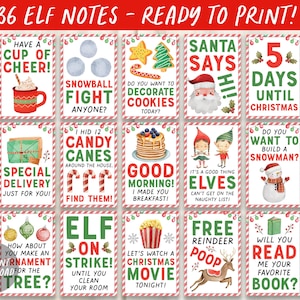 Op de afbeelding: Een set van 36 printbare kerst-elfnotities met feestelijke illustraties en tekst, waaronder Have a Cup of Cheer, Snowball Fight Anyone, Do You Want to Decorate Cookies, Santa Says Hi, 5 Days Until Christmas, Special Delivery, I Hid 12 Candy Canes, Good Morning, It's a Good Thing Elves Can't Get on the Naughty List, Do You Want to Build a Snowman, How About You Make an Ornament for the Tree, Elf on Strike, Let's Watch a Christmas Movie, Free Reindeer Poop en Will You Read Me Your Favorite Book.