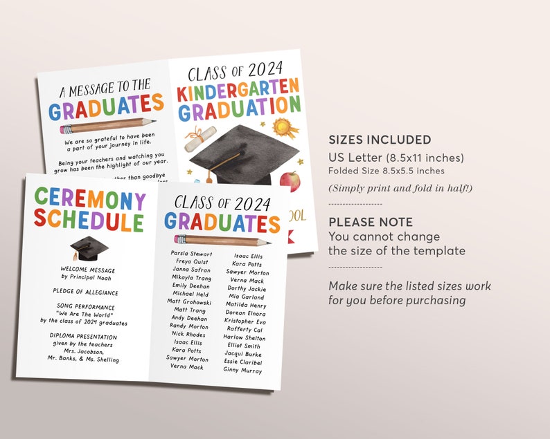 Kindergarten Graduation Program Editable Template, Pre-k Preschool ...