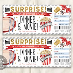 May include: A printable, self-edit template for a dinner and movie gift voucher. The voucher is designed to look like a movie ticket with a red and white striped background, gold glitter text, and a cartoon image of a plate of food and a bucket of popcorn. The text on the voucher reads "Surprise! This voucher entitles you to a dinner & movie! At your location here. Enjoy your gift!"