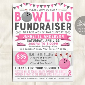 Cancer Bowling Fundraiser Flyer Editable Template, Breast Cancer Medical Fundraising Benefit Event, Bowling Night Invite, Nonprofit Charity