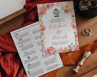 Gujarati Wedding Program, Floral Indian Wedding Ceremony Guide, Hindu Wedding Steps Template, Edit With Canva