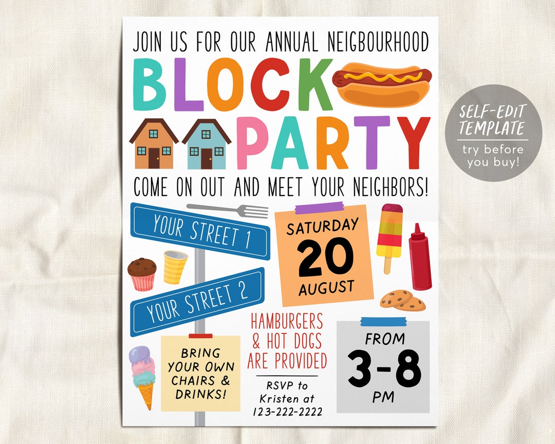 Neighborhood Block Party Invitation Editable Template, Neighborhood