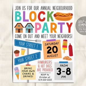 Modèle modifiable d'invitation de fête de quartier de quartier, porte ouverte de quartier, dépliant de fête d'été de pique-nique barbecue, dîner communautaire de fête de rue