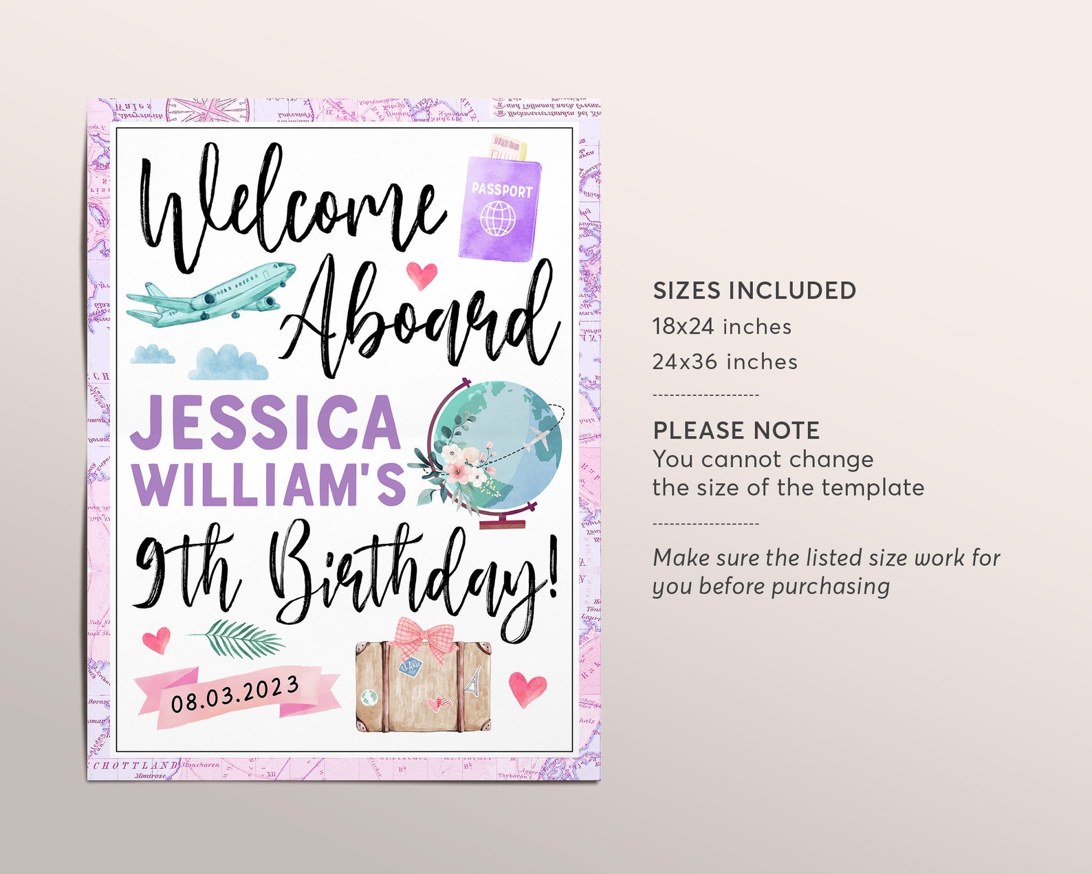 Welcome Aboard Editable Welcome Aboard Airline Travel Themed Birthday Welcome Sign Editable ...