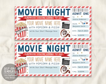 Può includere: Modello di biglietto del cinema a strisce rosse e bianche con il testo "Movie Night" in blu e bianco. Il biglietto dice "Sorpresa! Stai per vedere il tuo nome del film qui con popcorn e pizza!" e ha spazio per scrivere un breve messaggio. Il biglietto include anche una data, un'ora e spazio per scrivere i nomi del destinatario e del mittente.