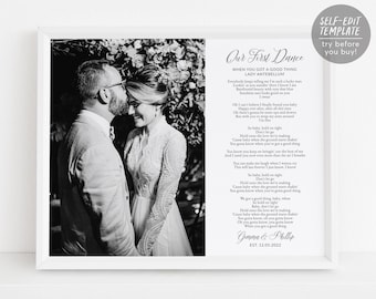 May include: A black and white framed print featuring a photograph of a couple on the left and song lyrics titled Our First Dance by Lady Antebellum on the right, including the names Gemma & Phillip and the date EST. 12.05.2022.