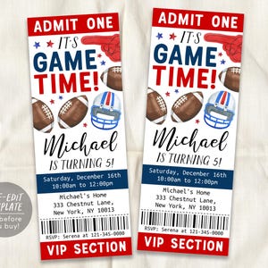 Fußball-Geburtstags-Karte Einladung bearbeitbare Vorlage, American Football Party einladen, Kinder Sport Thema Es ist Spielzeit Evite VIP Pass