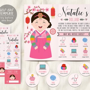 Doljabi Board Zeichen Mädchen bearbeitbare Vorlage, Doljanchi koreanischen Baby Mädchen erster Geburtstag, Doljabi Tombola Tickets, Jar Tags Etiketten, Dol Decor