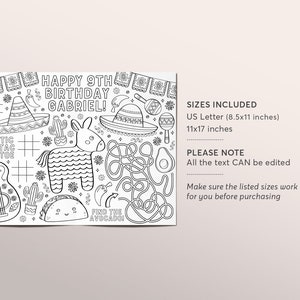 Fiesta Coloring Placemat For Kids Editable Template, Mexican Birthday Party Coloring Page Sheet Table Mat Activity, Cinco De Mayo Piñata image 2