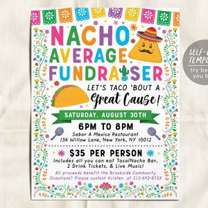Szablon edytowalny ulotki na zbiórkę funduszy Fiesta Mexican, ulotka na temat przeciętnej kolacji Taco Nacho, wydarzenie charytatywne Church Community PTO PTA