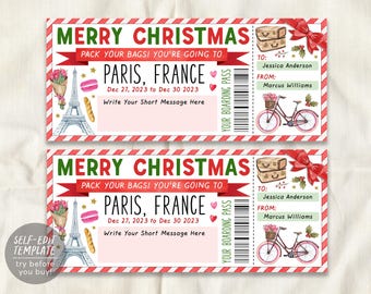 May include: A printable Christmas-themed boarding pass for a trip to Paris, France. The ticket features illustrations of the Eiffel Tower, a bicycle, luggage, and a bouquet. Text includes Merry Christmas, Pack Your Bags, and placeholders for names.