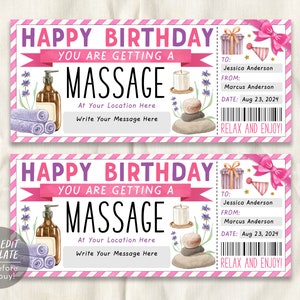 Modèle modifiable de billet de chèque-cadeau de massage, bon-cadeau de traitement de jour de traitement de spa de salon de surprise d'anniversaire pour elle, adhésion de station thermale