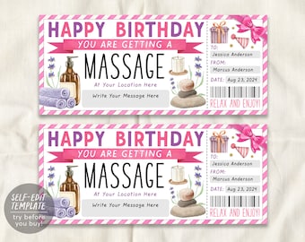 Plantilla editable de boleto de certificado de regalo de masaje, cupón de vale de regalo de tratamiento de día de spa de salón sorpresa de cumpleaños para ella, membresía de spa