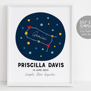 Gemini Zodiac New Baby Gift Editable Template, Astrological Star Sign, Constellation Art Print, Astrology Nursery Wall Decor Printable