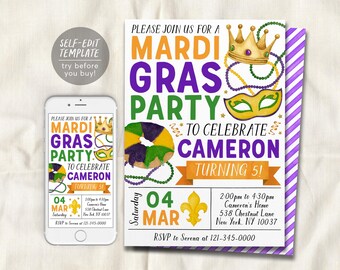 May include: A Mardi Gras party invitation template featuring a gold crown, green and purple beads, a mask, and a king cake. The text reads: Please join us for a Mardi Gras party to celebrate Cameron turning 5, Saturday 04 Mar.